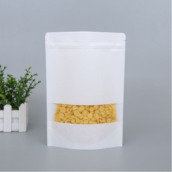 Custom Food Packaging Bag Standup White Kraft Paper Zipper Bag with Window for Food Wholesale