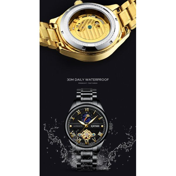 KINYUED luminous moon phase luxury black watch tourbillon automatic mechanical watch for men