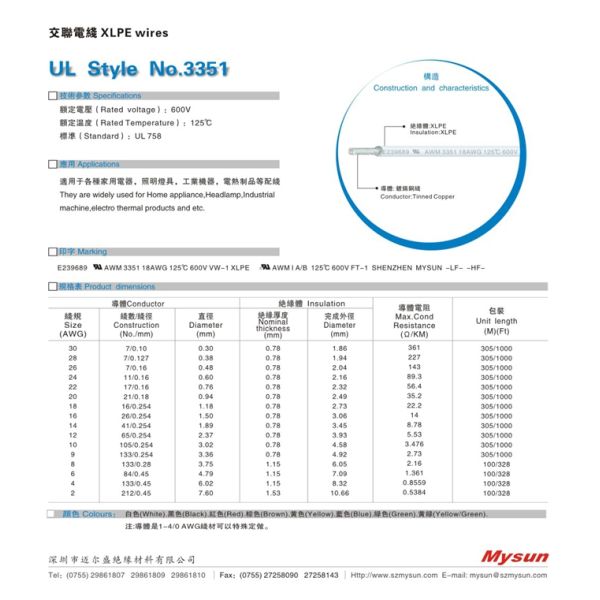 125C UL3351 XLPE Hook Up Wire 18AWG Vw-1 Insulation Material