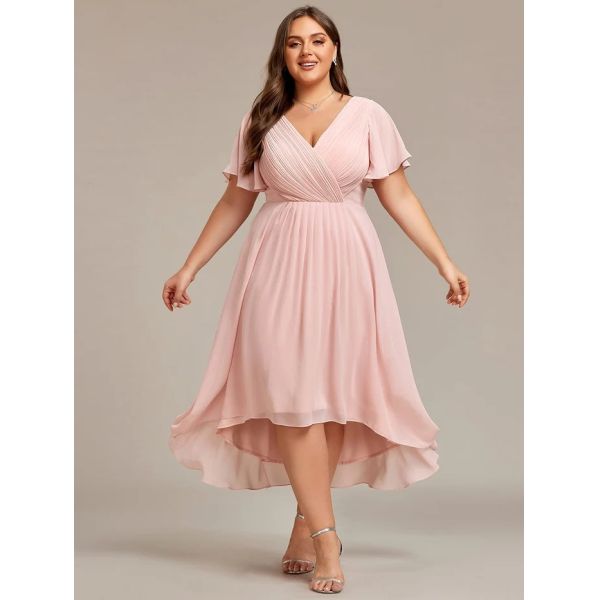 Chic V-neck High-low Short Flutter Sleeves A-line Ruffles Midi Invisible Zipper Pink Chiffon Wedding Guest Evening Dress