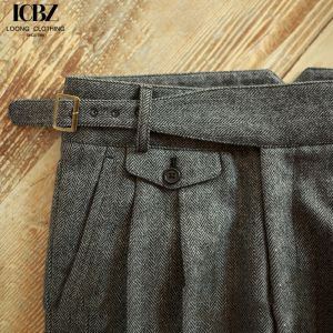 British Herringbone Vintage Woolen Casual Trousers Straight Hemmed Classic Men's