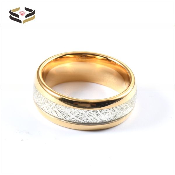 8mm Gold Tungsten Carbide Ring with Meteorite Inlay Sophisticated Addition to Religious Wedding Bands