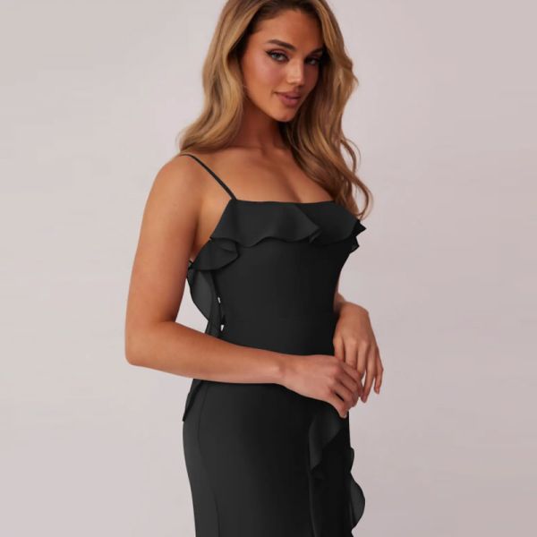 Excellent Plus Size Black Chiffon Bridesmaid Dress Sheath Spaghetti Straps Ruffles Backless Straight Front Split Slit