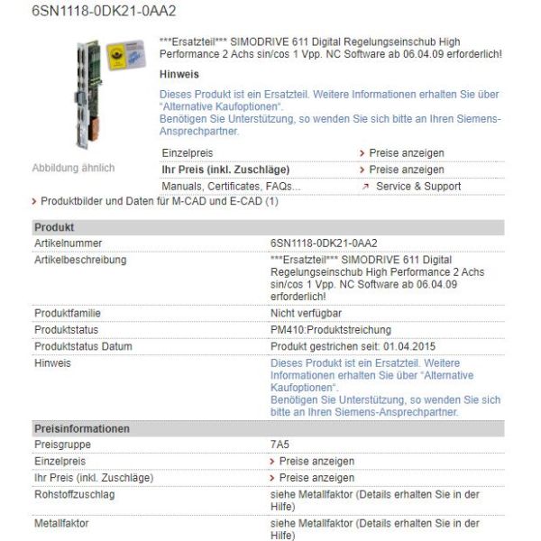 6SN1118-0DK21-0AA2 6SN1 118-0DK21-0AA2 Siemens Digital Regelungseinschub High Performance