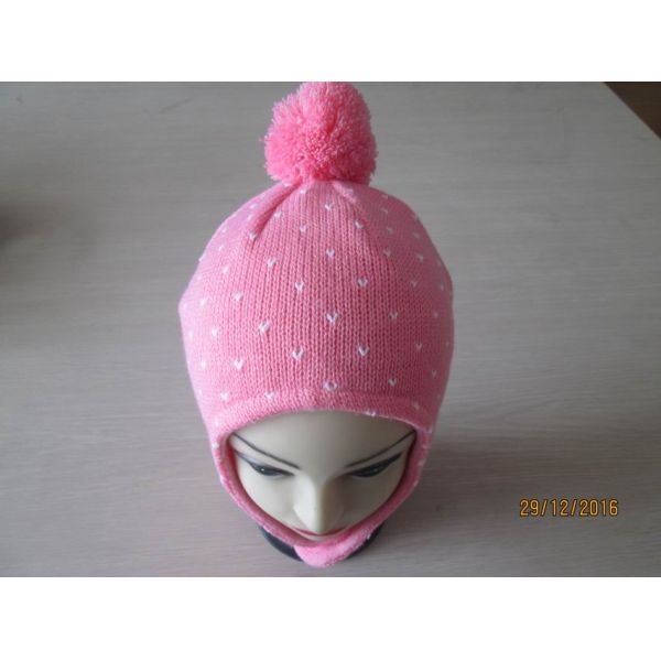 Children's ear flap/hat with pompom by 100% acrylic yarn with jacquard--fleece linging