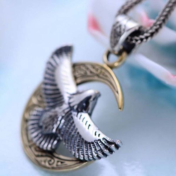 Two Tone Silver Retro Necklace with Crescent Eagle Pendant(XH047444)