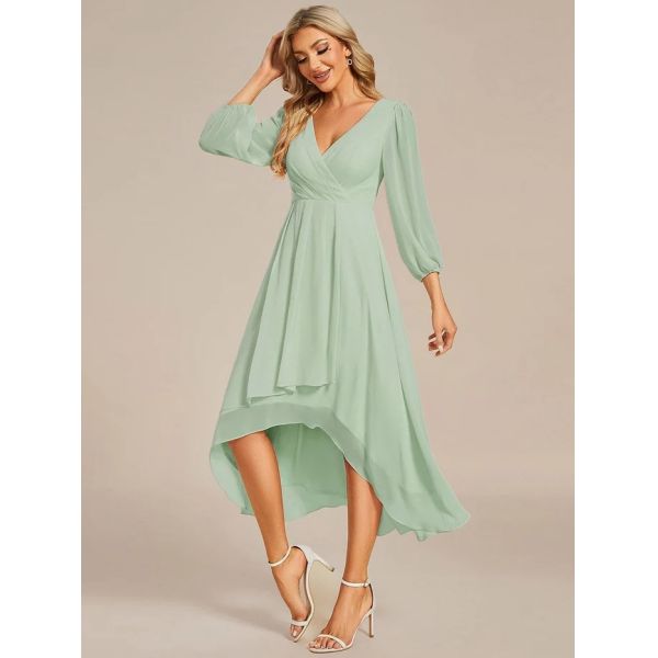 Elegant Empire Long Sleeve V-neck High Low A-line Ruffled Midi Mint Green Chiffon Wedding Guest Evening Dress