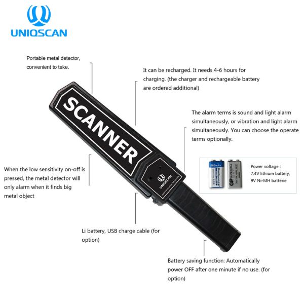 Rechargeable 40KHz IP31 270mW Hand Held Metal Detector