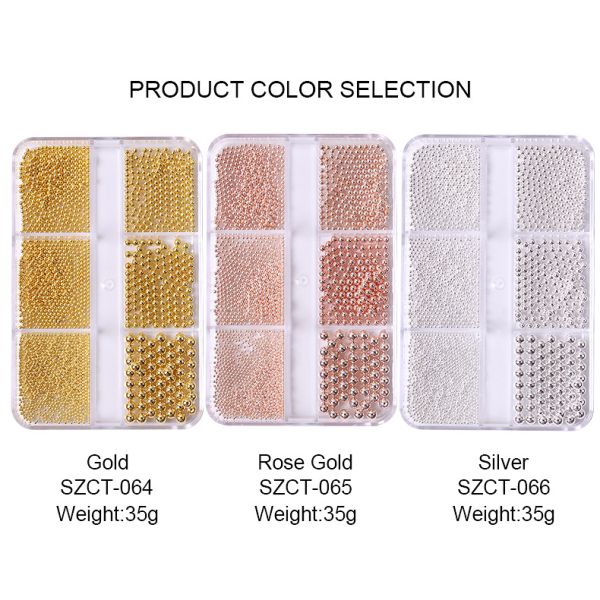 Wholesale 6 Grid Mixed Metal Round Bead nail charms in bulk Small Steel Balls 3d Nail Art Decorations Caviar Bead