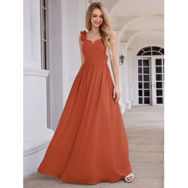 Elegant V-neck Floral Strap Empire A-line Waist Burnt Orange Chiffon Bridesmaid Dress
