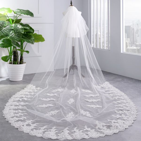 Elegant Customized Two Layers Appliqued Lace 3.5m Tulle Bridal Wedding White Veil With Hair Comb