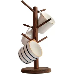 Wooden mug tree stand 6 hook counter coffee bar storage rack