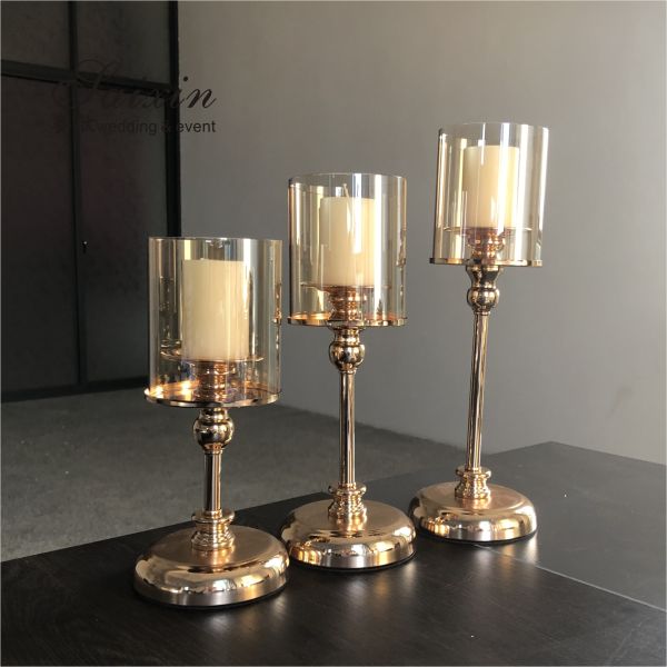 Gold Metal Candle Holder Centerpiece Set Candlestick Champaign Glass Tube