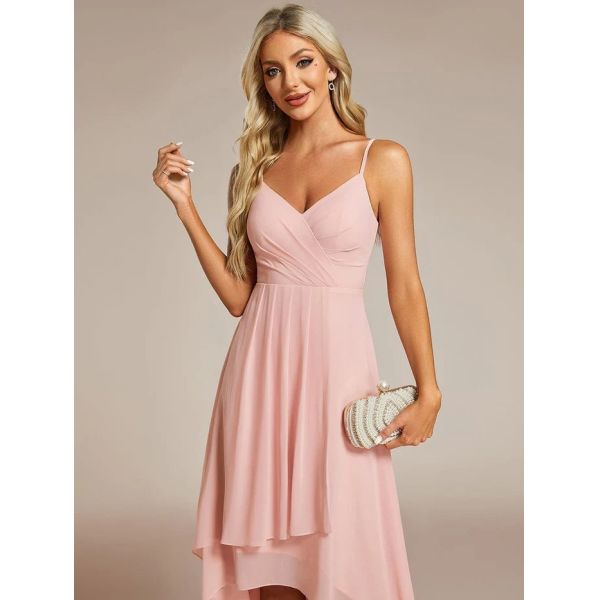 Elegant V-neck Spaghetti Strap High-low Chiffon Wedding Guest Dress Pink Cocktail Dresses