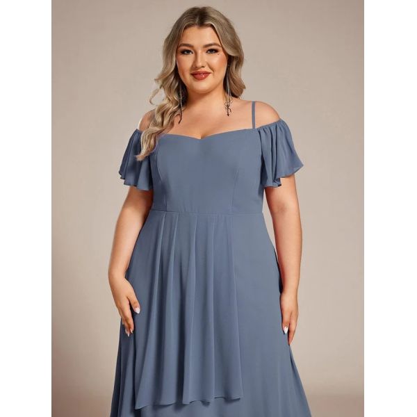 Empire Off-shoulder Spaghetti Strap Zipper High-low Wedding Guest Dresses Short Sleeves Dusty Navy Chiffon Evening Dress