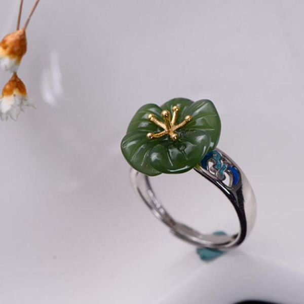 925 Sterling Silver Enamel Natural Jade Ring Open Adjustable Size (059613)
