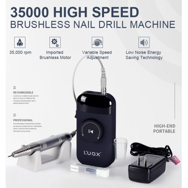 UGX 35000rpm Electric Brushless Low Noise Drill Nails Machine with AC Charge Adaptor