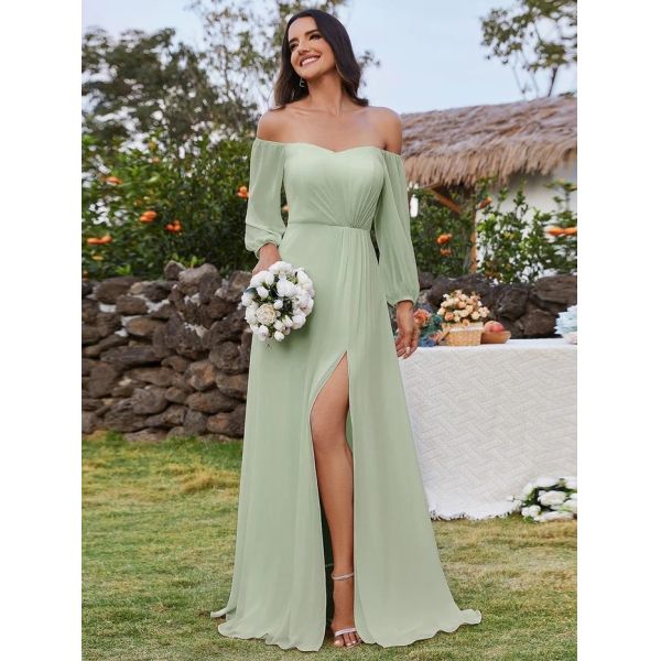 Plus Size Ruffled Long Sleeve High Slit Off-shoulder High Slit Mint Green Chiffon Homecoming Dress