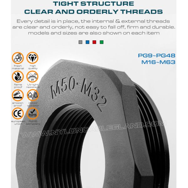 Hex Plastic Reducers Male to Female Thread PG9~PG48 & Hex Nylon Reducing Bushings Male to Female Thread M16~M63 for Electrical