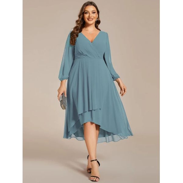 Plus Size Ruffled A-line Long Sleeve V-neck High Low Wedding Guest Navy Blue Chiffon Bridesmaid Dress