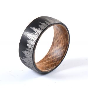 China 8mm Black Plated Tungsten Ring with Whiskey Barrel Wood and Gold Ebony Inner Ring Geometric Wedding Bands or Rings on sale