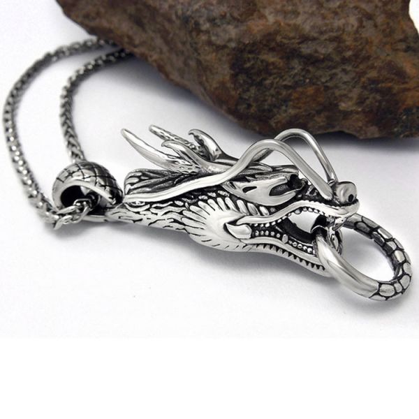 Fashion 925 Silver Plated Men's Stainless Steel Rope Chain Dragon Pendant Necklace(SP164)