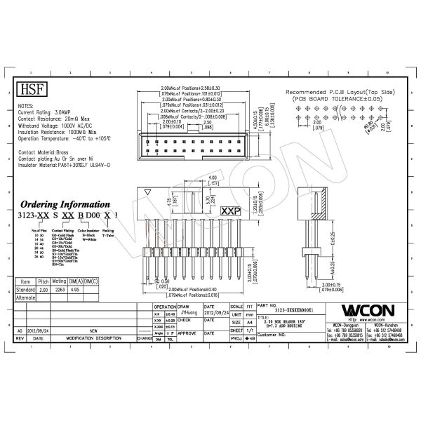 2.00 Box Header Connector 180 Degrees Inline With Plastic H=7.2 Add Housimg Au or Sn over Ni