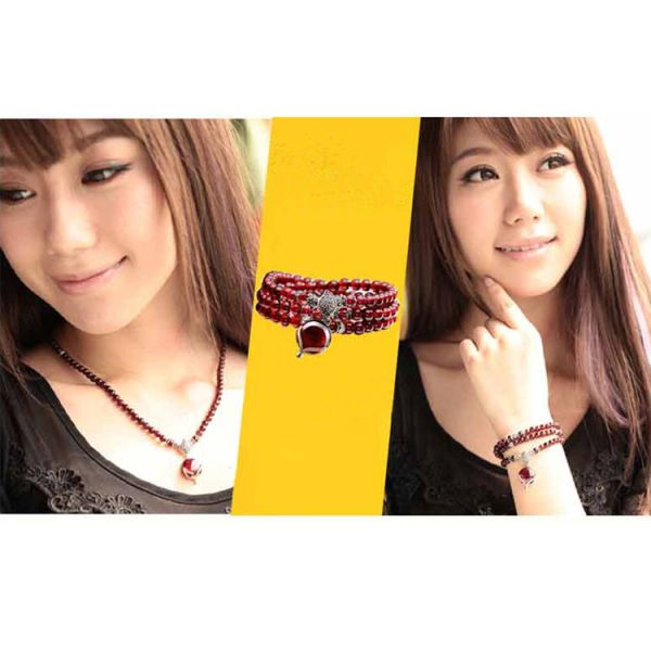 5mm Round Genuine Garnet Beads Bracelet with 925 Silver Marcasite Garnet Charm 20 inches (B120705)