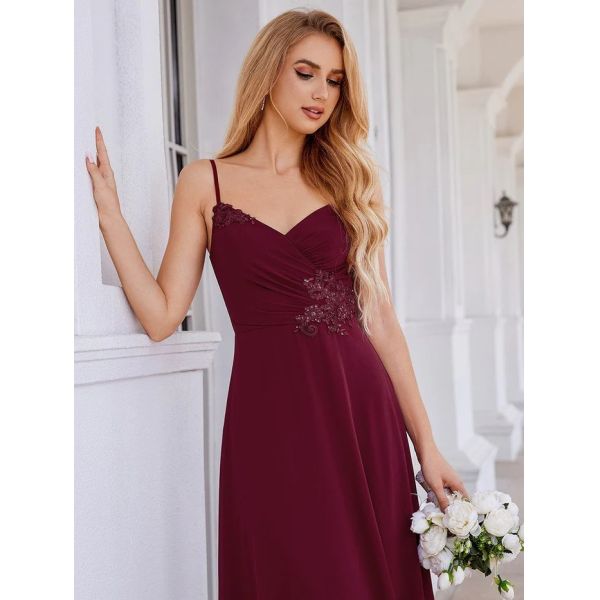 Chic V-neck Pleated Sleeveless Backless A-line Empire Spaghetti Strap Applique Waist Burgundy Chiffon Bridesmaid Dress