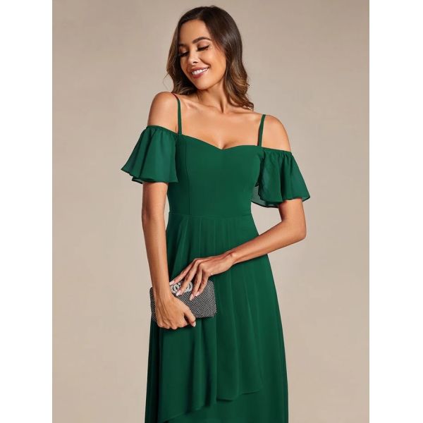 Empire Off-shoulder Spaghetti Strap Zipper High-low Wedding Guest Short Sleeves Dark Green Chiffon Homecoming Dress