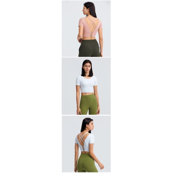 Women Lulu Cropped Yoga Padded T Shirt Breathable Cross Back Gym Energy Top