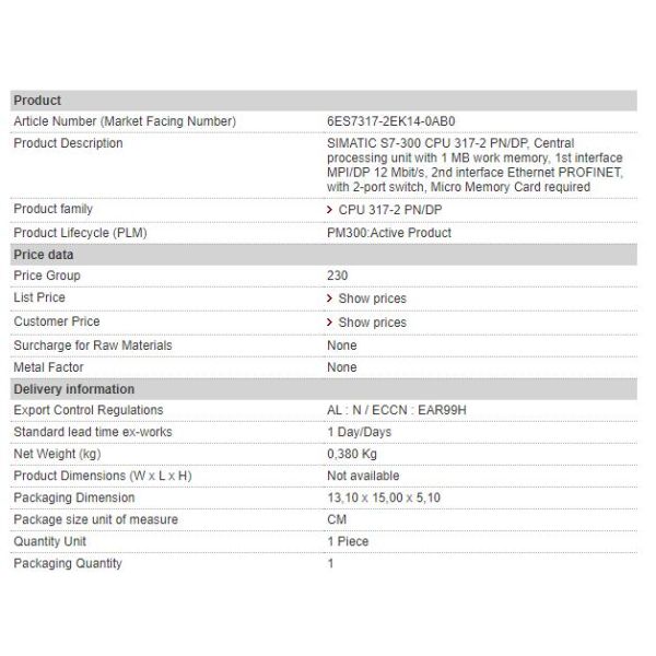 6ES7317-2EK14-0AB0 Siemens CPU317-2 PN/DP Central Processor