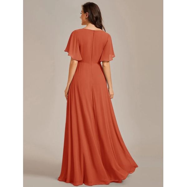 Sexy Empire Applique A-line Short Flutter Sleeves V-neck Invisible Zipper Burnt Orange Chiffon Evening Dress