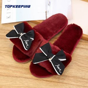PVC Outsole Womens Fur Slippers With Silk Bow
