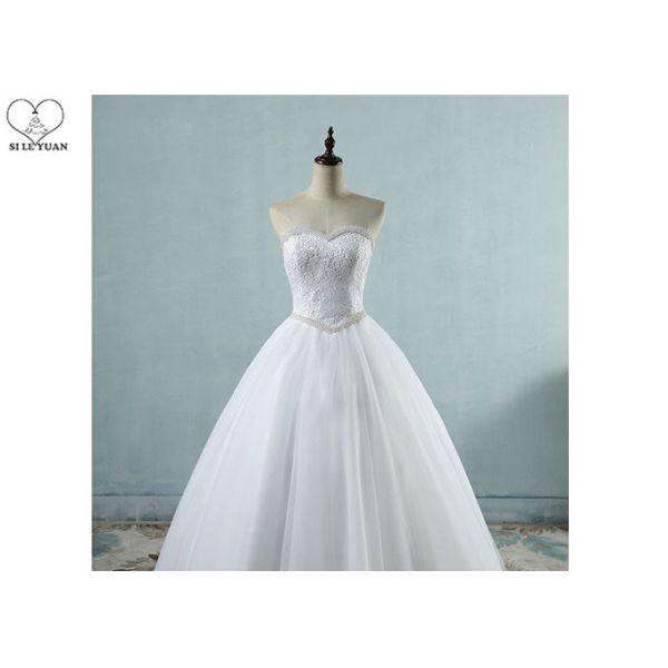 Strapless White Ball Gown Wedding Dresses Lace Bust Waist Beading Tulle