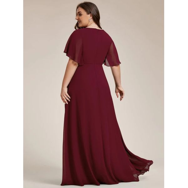 Sexy Empire Applique A-line Short Flutter Sleeves V-neck Invisible Zipper Burgundy Chiffon Prom Dress