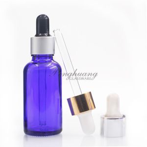 Quality Cylindrical 30ml Blue Oil Dropper Glass Bottle With Gold Dropper for sale