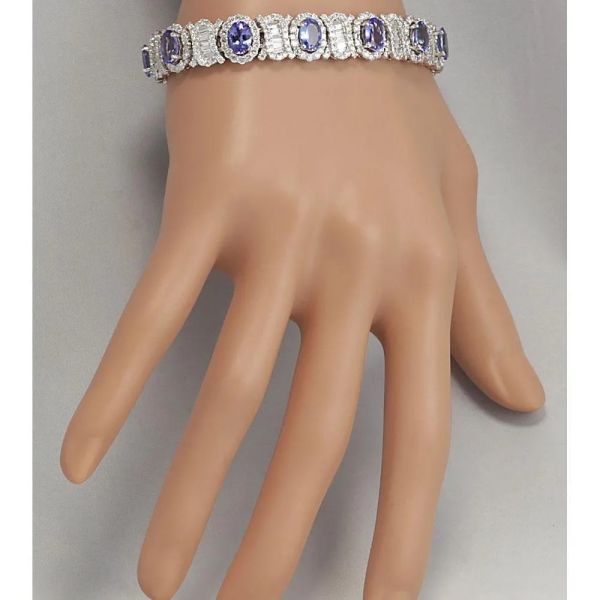 24.70 CTW Natural Tanzanite And CZ Bracelet In 14K Solid White Gold