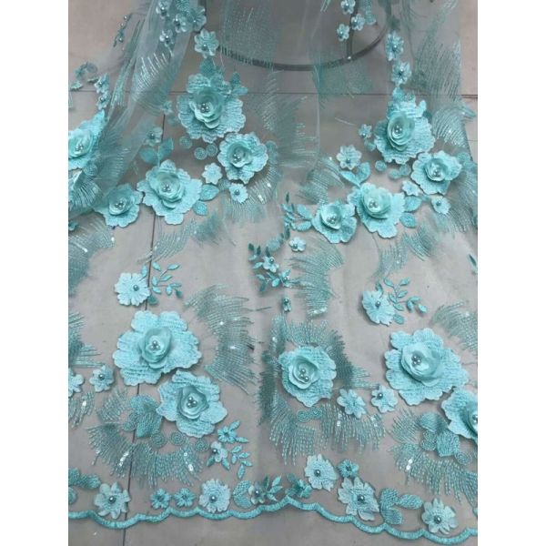 Red 3D Flower Embroidered Tulle Lace Fabric / Wedding Dresses Sequins Beaded Lace