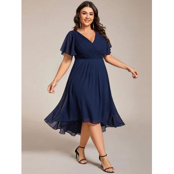 Empire Plus Size V-neck High-low A-line Short Sleeve Ruffled Sky Blue Chiffon Wedding Guest Bridesmaid Dress