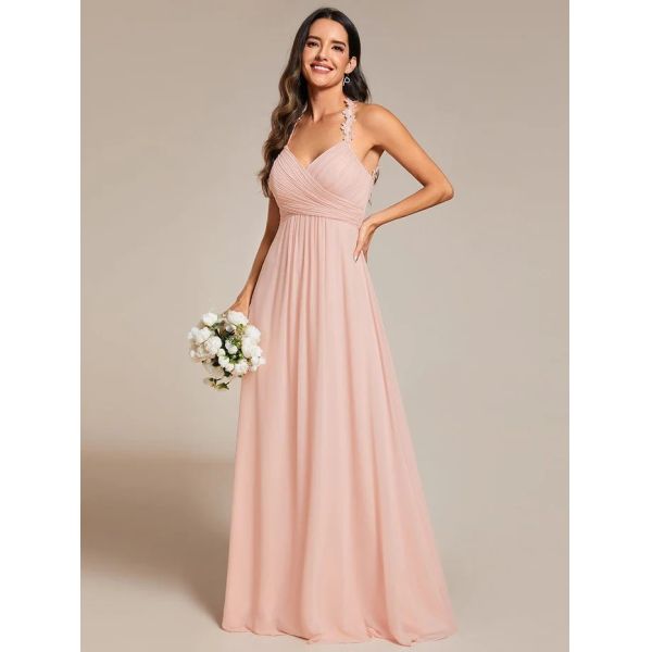 Empire A-line Backless Floral Halter Neck V-neck Pleated Cut-out Back Zipper Mint Green Chiffon Bridesmaid Dress