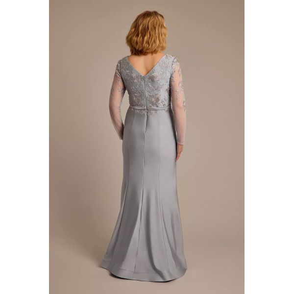 Sexy Illusion Long Sleeves Appliqued Mermaid Plus Size V-neck Silver Satin Mother Of The Bride Dress