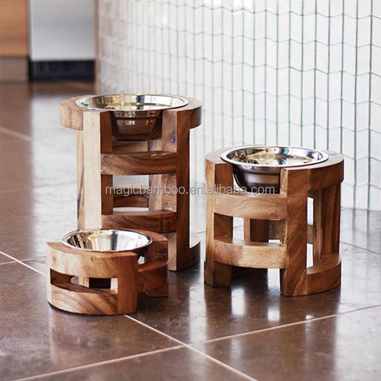 Make Pet Eat Elevated Bamboo Wooden Pet Food Feeder With Stainless Steel Bowls Single Tier