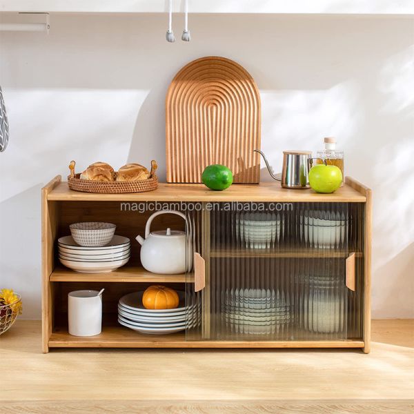 Bamboo Wall Mounted Kitchen Pantry Organizers Sideboard With Transparent Doors