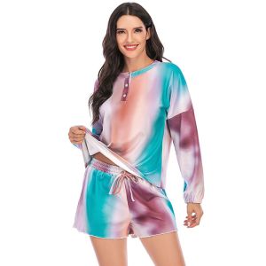 Fashion Tie Dye Pajamas Two Piece Set Sleepwear Long Sleeve And Shorts Ladies