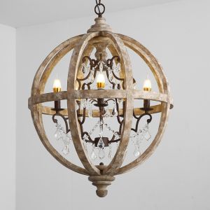 Retro Chandelier Lighting Industrial Hanging Pendant Lamp Globe Wooden