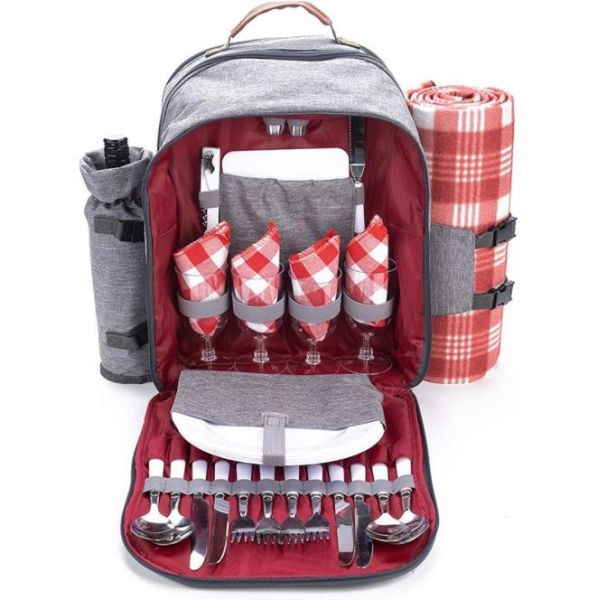 Picnic Backpack Bag for 4 Person with Cooler Compartment Wine Bag Picnic Blanket