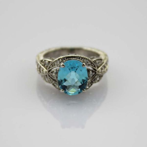 925 Silver Engagement Ring with 8mmx10mm Blue Topaz CZ Diamonds (F94)