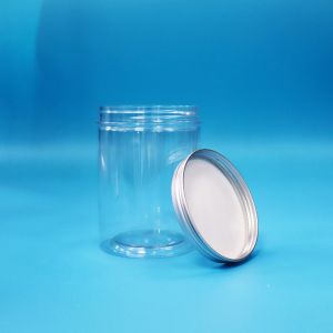 Custom Food Candy Cookie Transparent PET Plastic Round Jars Aluminium Flat Lids