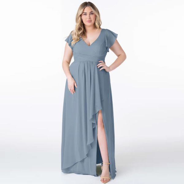 Beautiful Pleated Chiffon Dusty Blue Floor-Length Junior Bridesmaid Dress Cap Sleeve Princess Ruffle